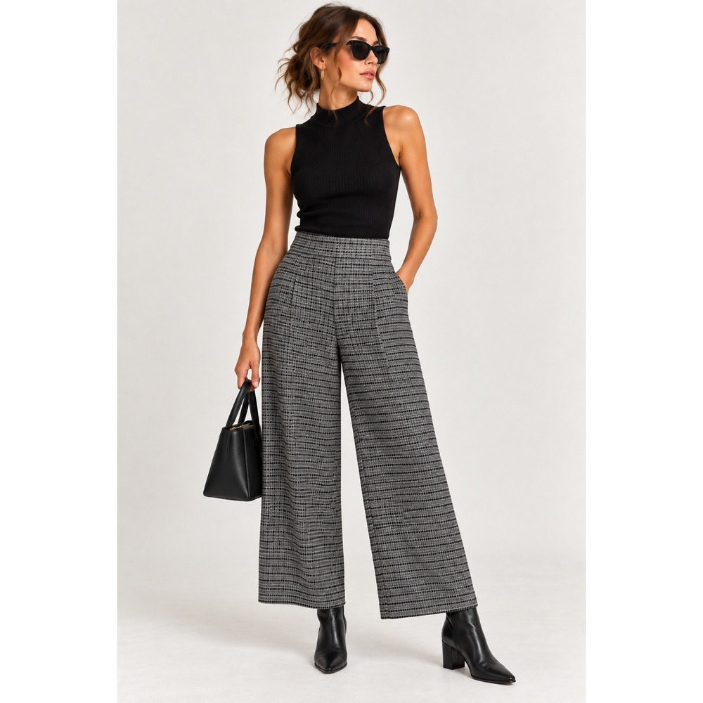 Zara Wide Leg Pants Womens S Gray Houndstooth High Rise Knit Retro Preppy Mod